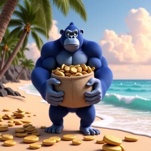 Lumpy holding a bag of tokens chillin' on the beach